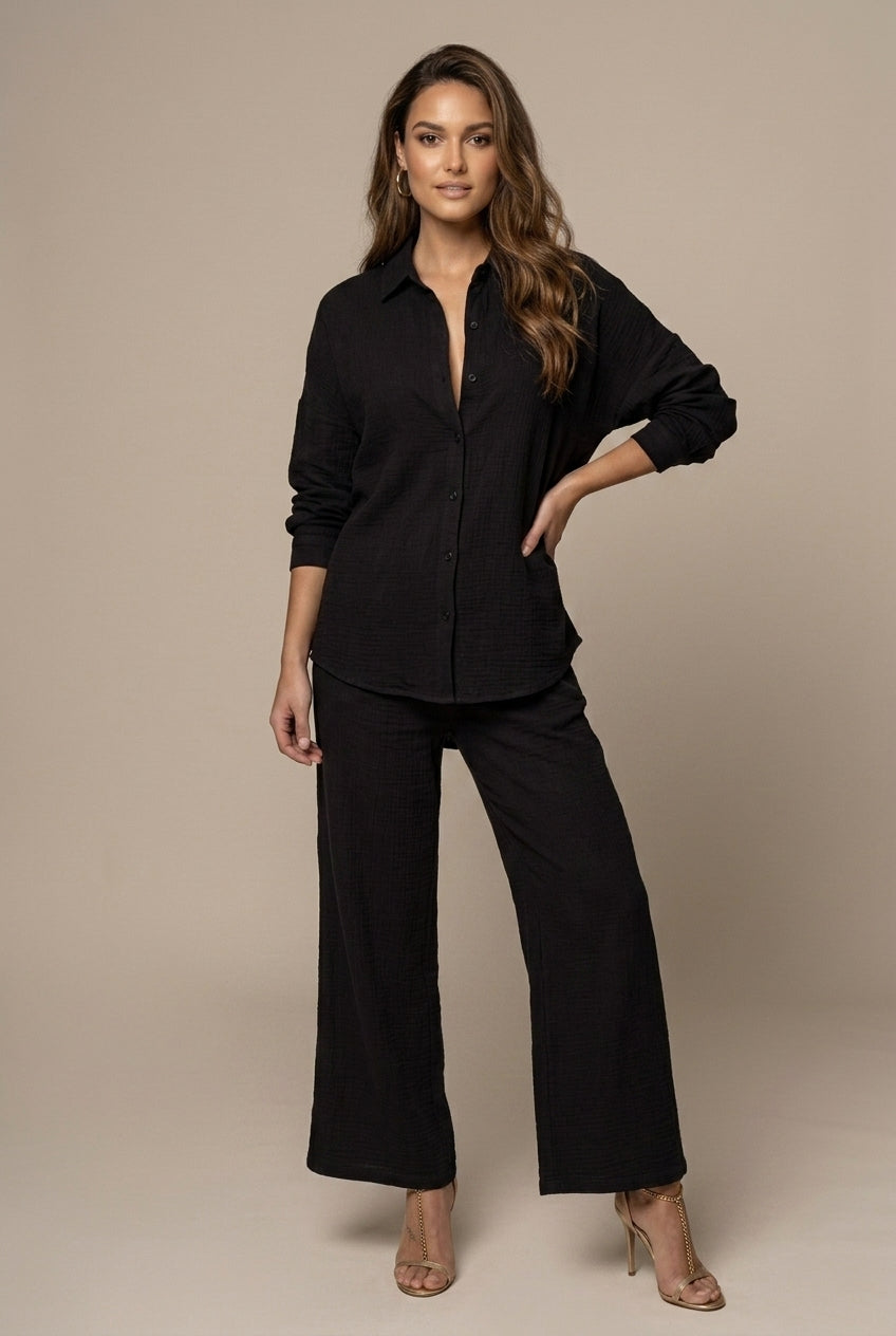 Women's Two-Piece Set Button-Front Shirt Wide Leg Pants