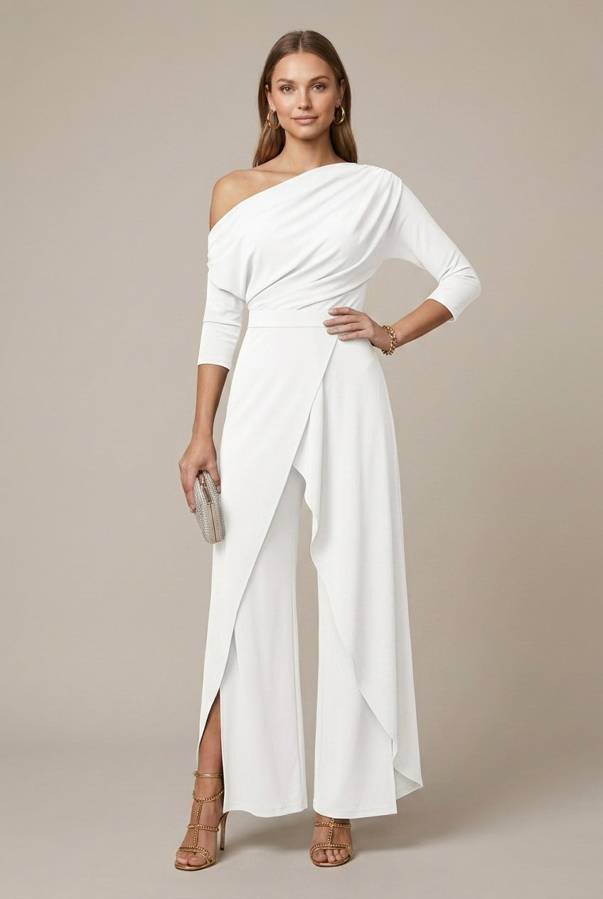 Women's One Shoulder Draped Wide Leg Dressy Jumpsuit - 3/4 Sleeve
