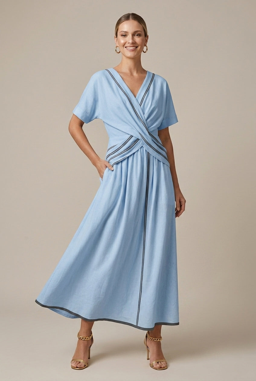 Women's Striped Maxi Dress Wrap Short Sleeve V-Neck