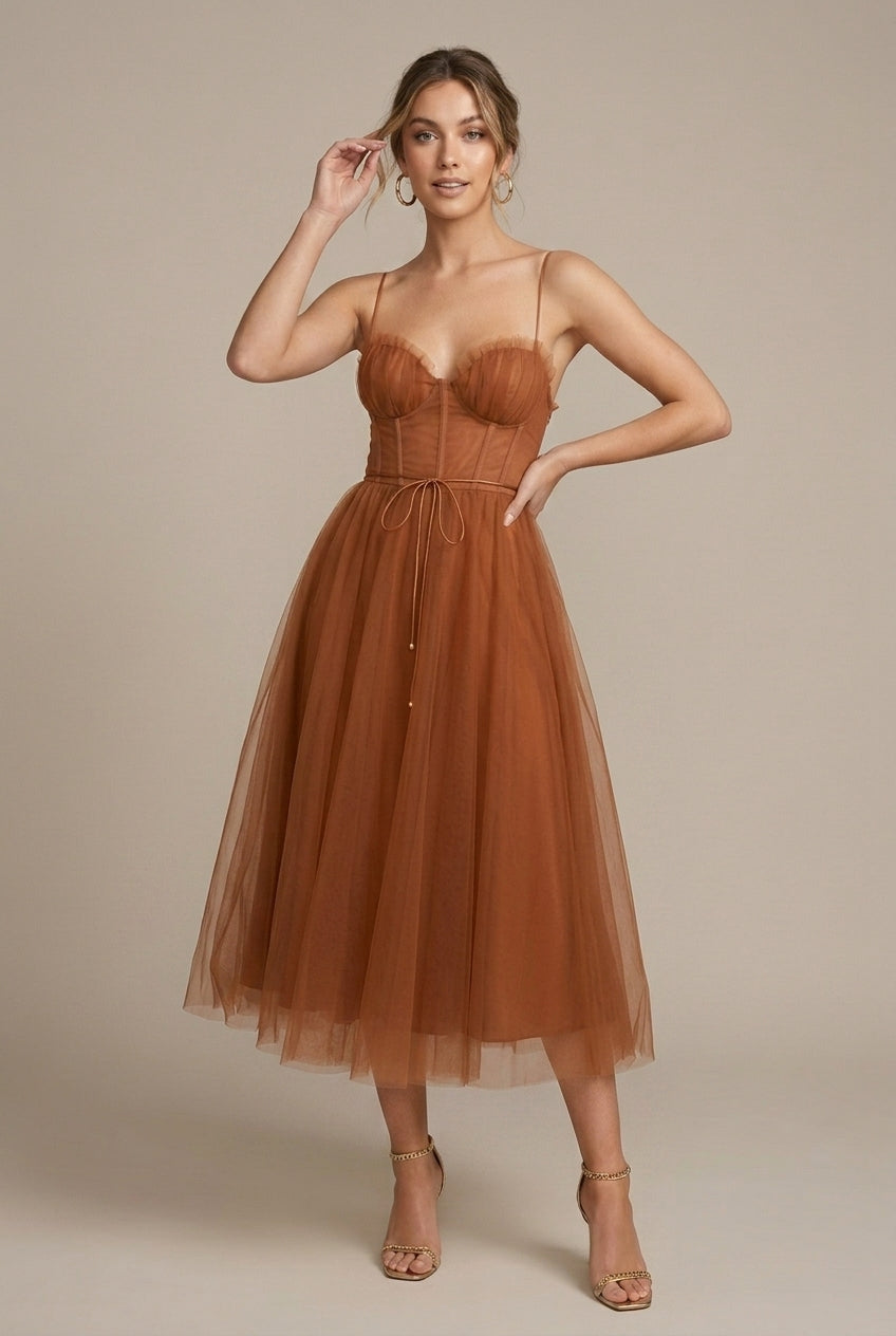 Women's Tulle Midi Dress Corset Bodice Sweetheart Neck
