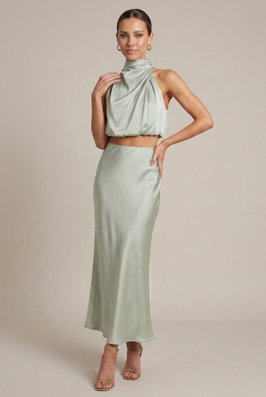 Women's Satin Two-Piece Set Halter Neck Crop Top Maxi