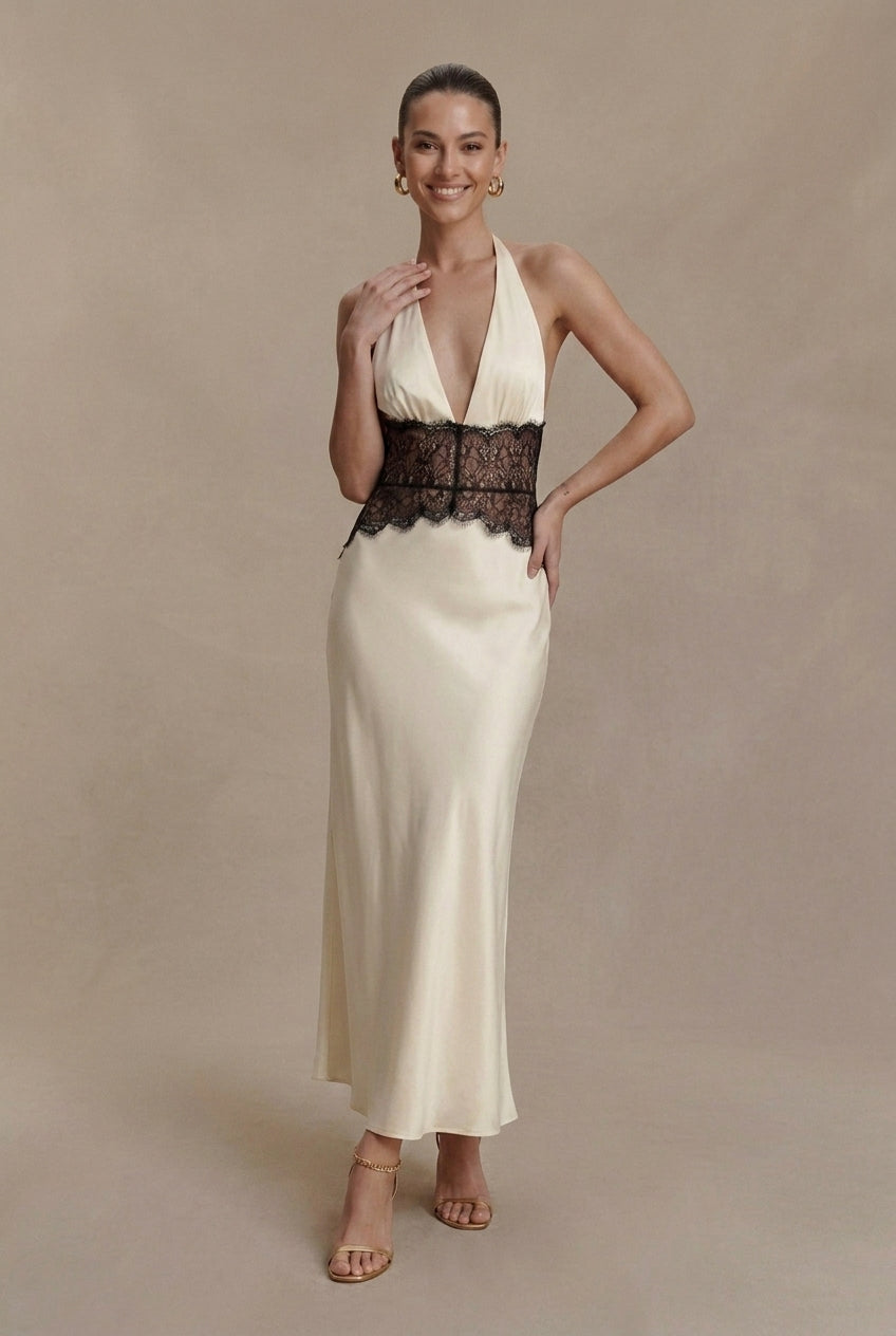 Women's Halter Neck Backless Lace Waist Maxi Dress