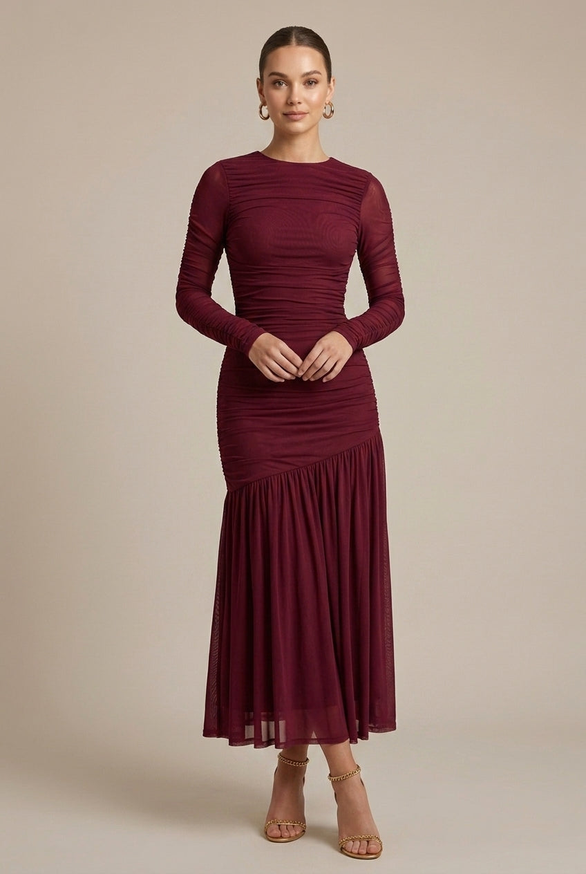 Women's Long Sleeve Ruched Drop Waist Midi Dress - Crew Neck
