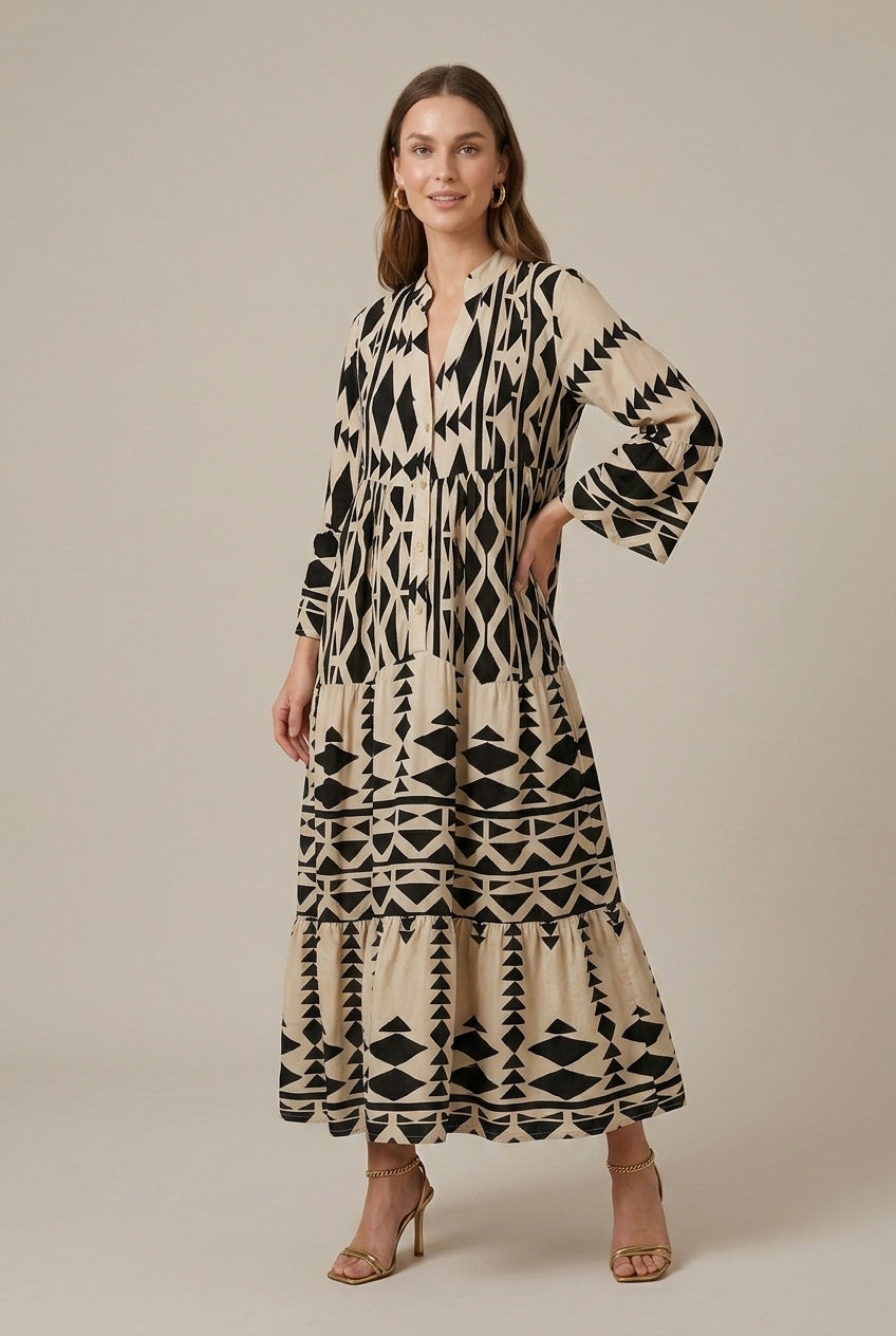 Women's Geometric Print Maxi Dress Tiered V-Neck