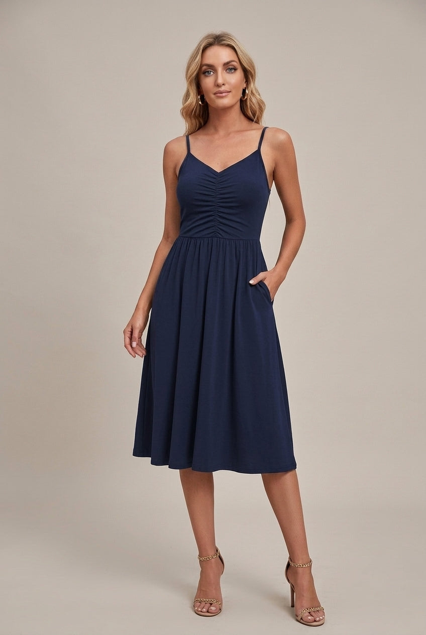 Women's Sleeveless Ruched Bodice V-Neck Midi Dress