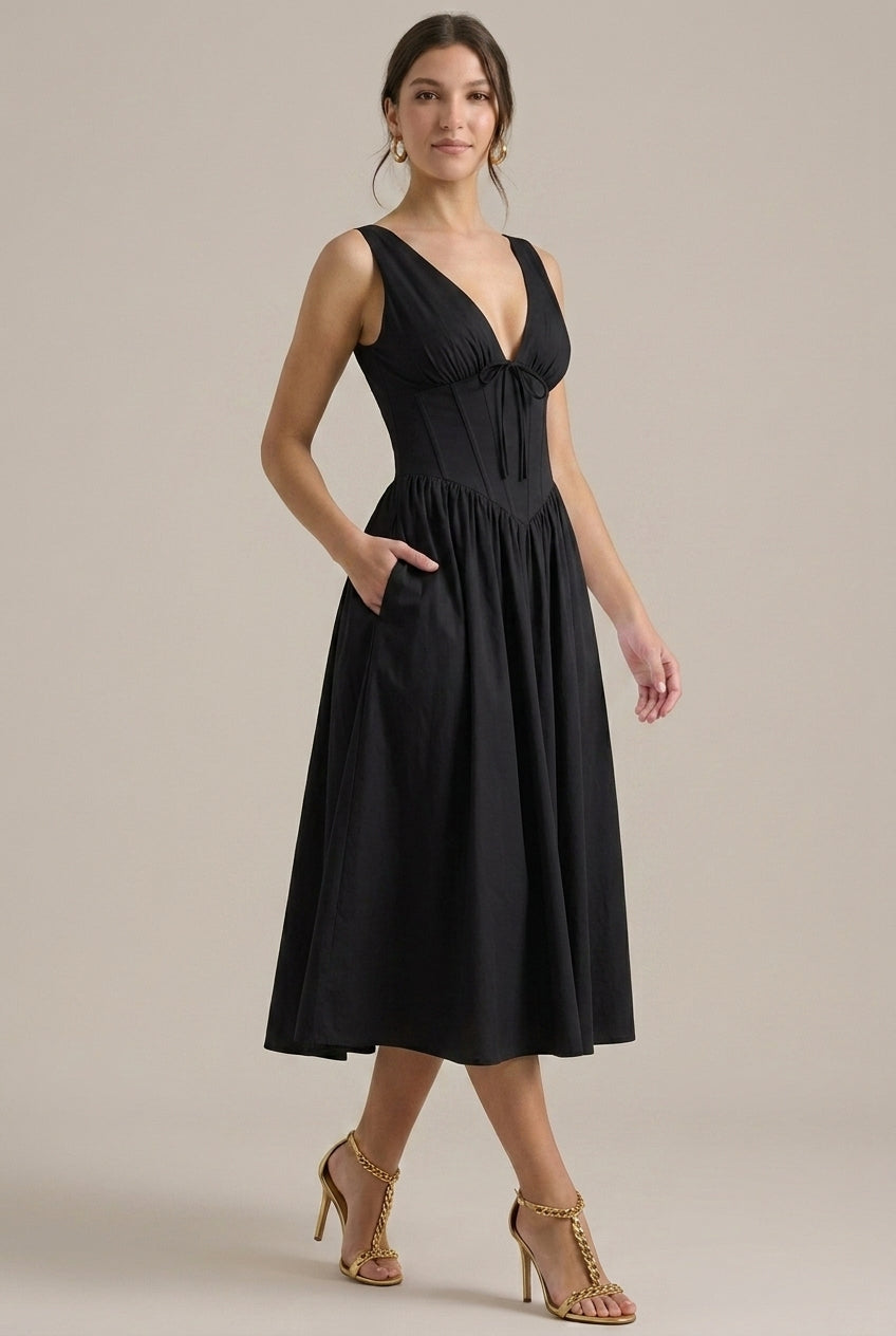 Women's Sleeveless V-Neck Floral Midi Dress with Tie Straps
