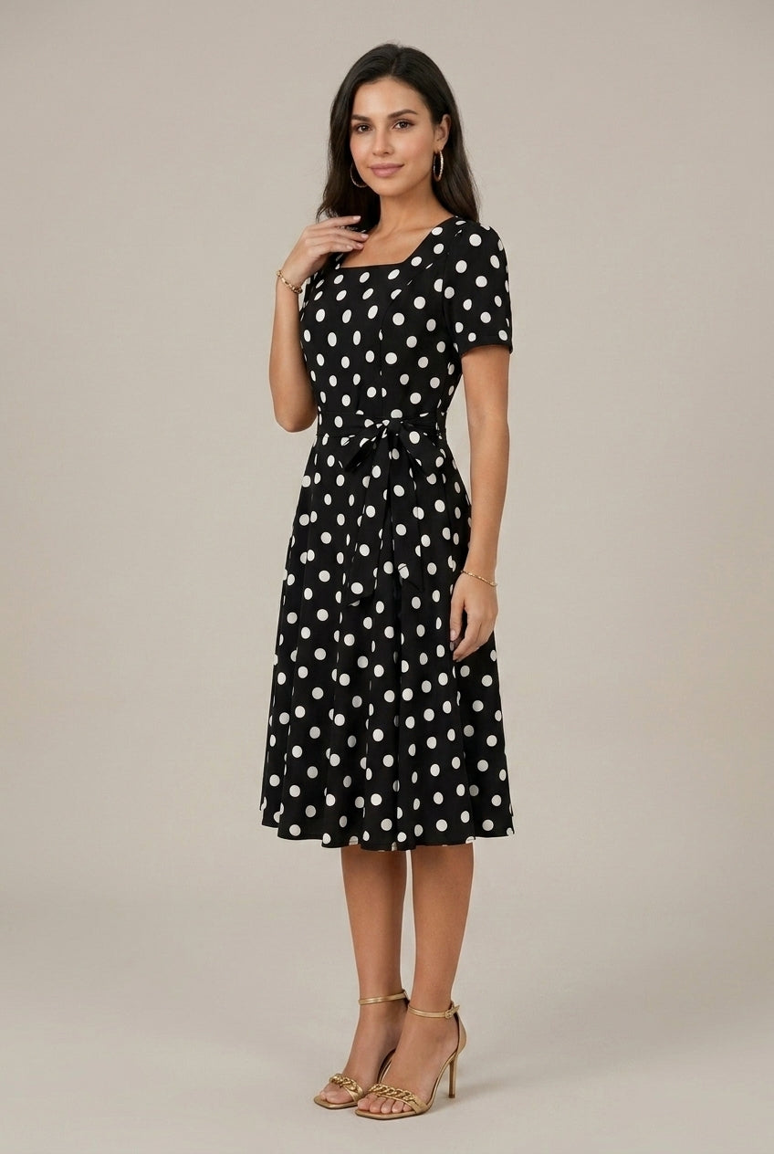 Women's Midi Dress Polka Dot Wrap Square Neck Short Sleeve