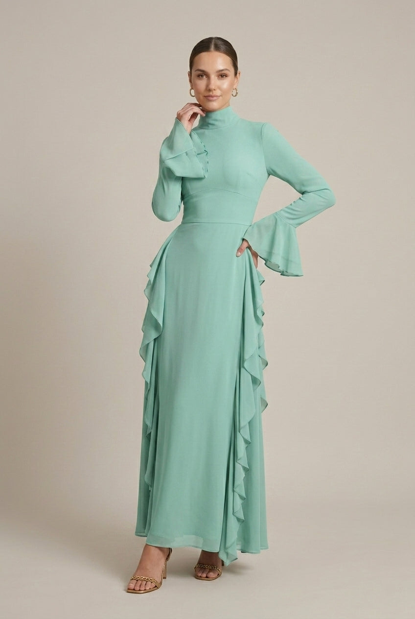 Women's High Neck Ruffle Sleeve Long Sleeve Bodycon Dress