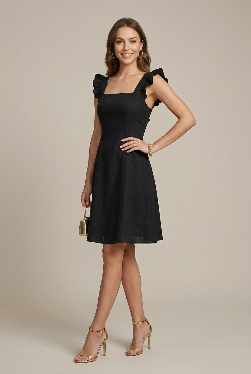 Women's Square Neck Mini Dress - Ruffle Sleeves - Tie Back
