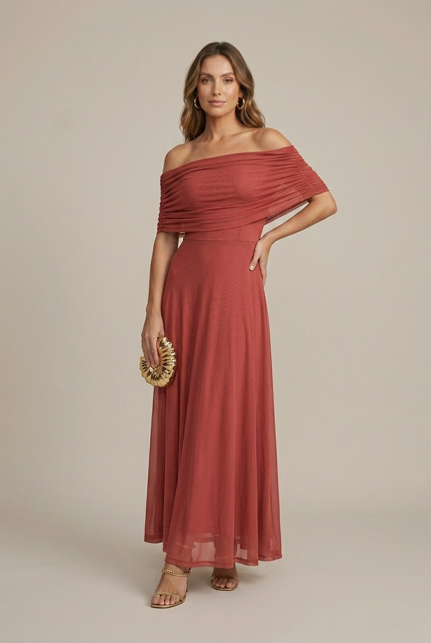 Women's Off Shoulder Ruched Mesh Maxi Dress