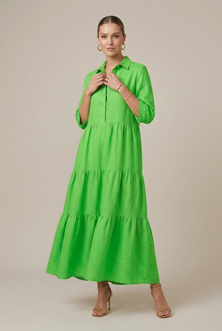 Women's Tiered Maxi Dress with Button-Up Collar and Half Sleeves