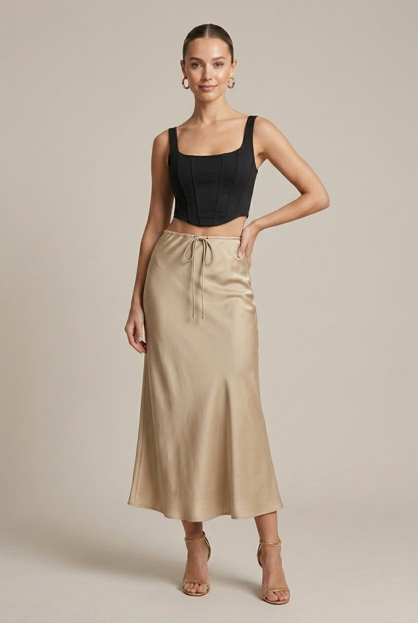 Women's Satin A-Line Maxi Skirt with Drawstring Waist