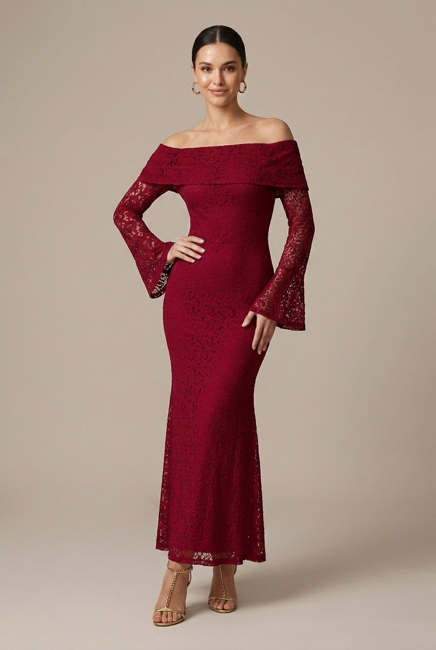 Women's Wedding Guest Lace Maxi Dress - Off Shoulder - Bell Sleeve