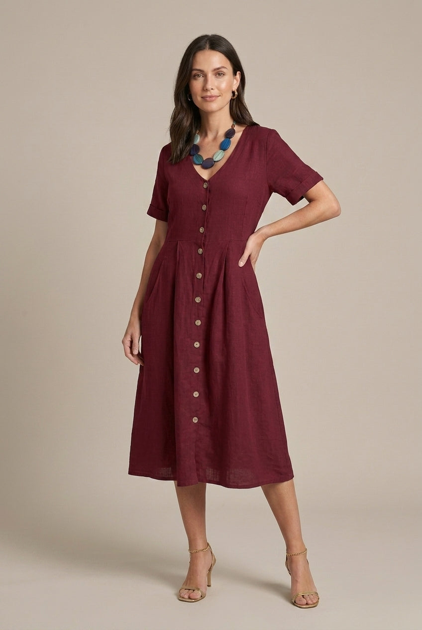 Women's V-Neck Short Sleeve Midi Dress with Button Front
