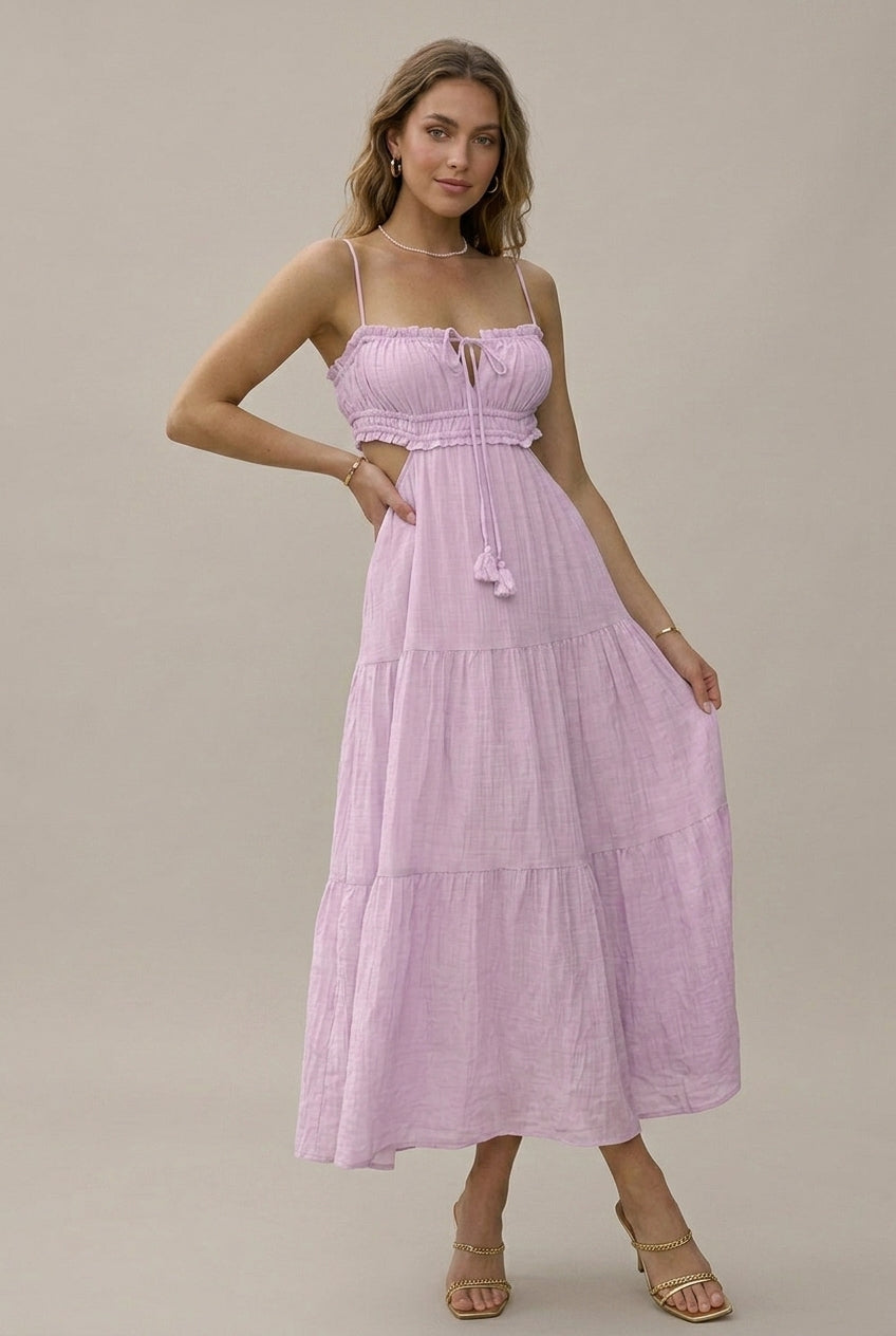 Women's Spaghetti Strap Cutout Tiered Maxi Dress - Tassel Tie
