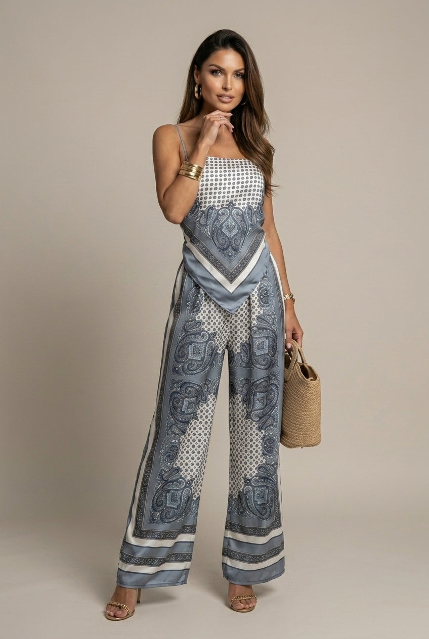 Women's Printed Lace-Up Top - Matching Pants Two Piece Set