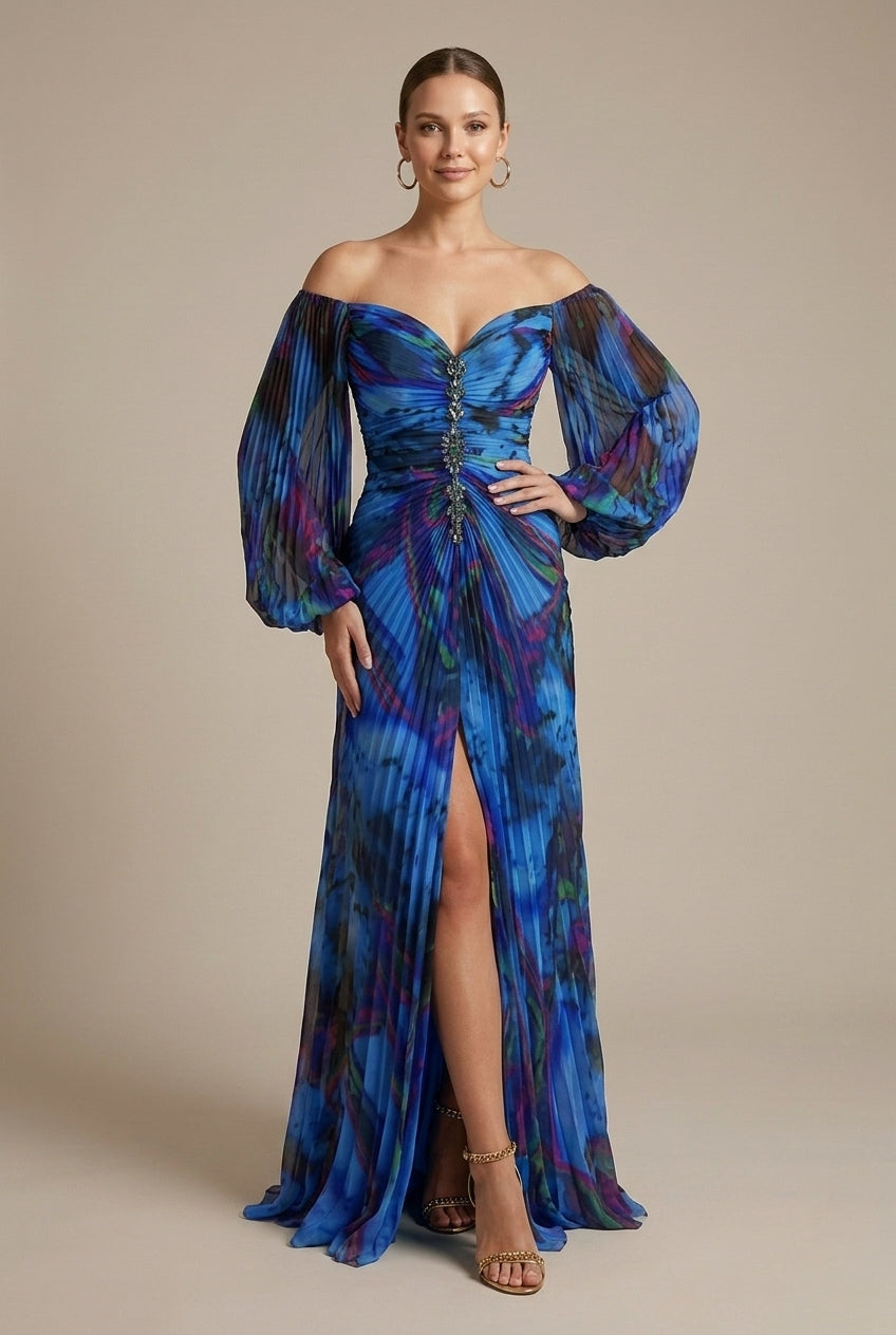 Women's Tie-Dye V-Neck Puff Sleeve Lace-Up Front Maxi Dress