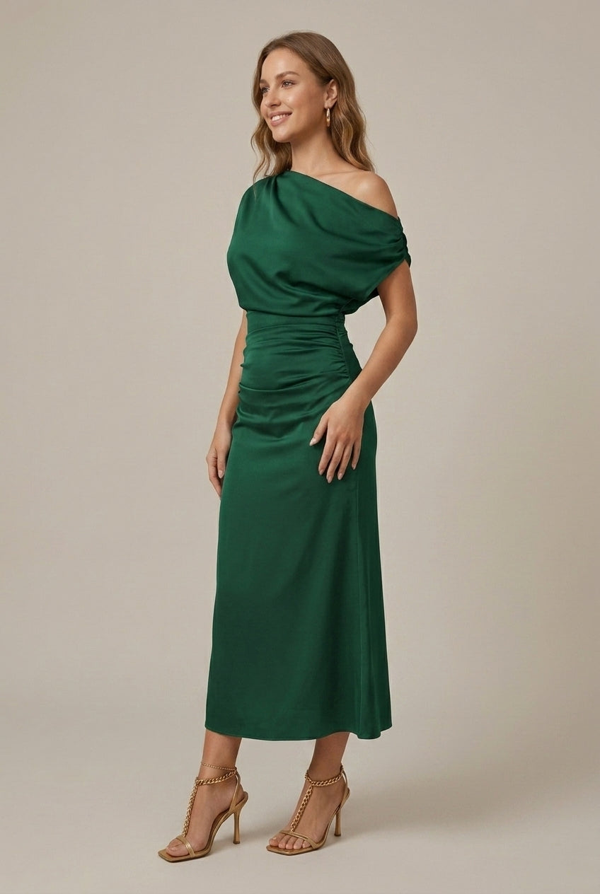 Women's Off Shoulder Asymmetrical Sleeve Side Split Midi Dress