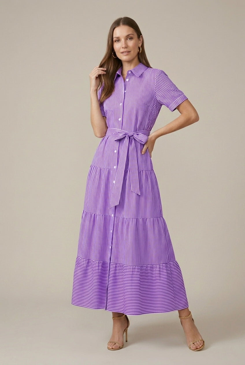 Women's Striped Maxi Dress Tiered Button-Down