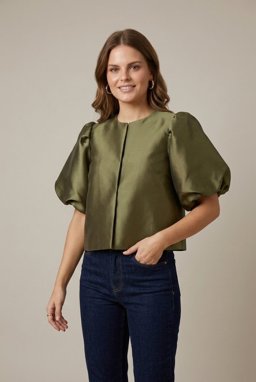 Women's Satin Puff Sleeve Cropped Blazer - Button Front Jacket