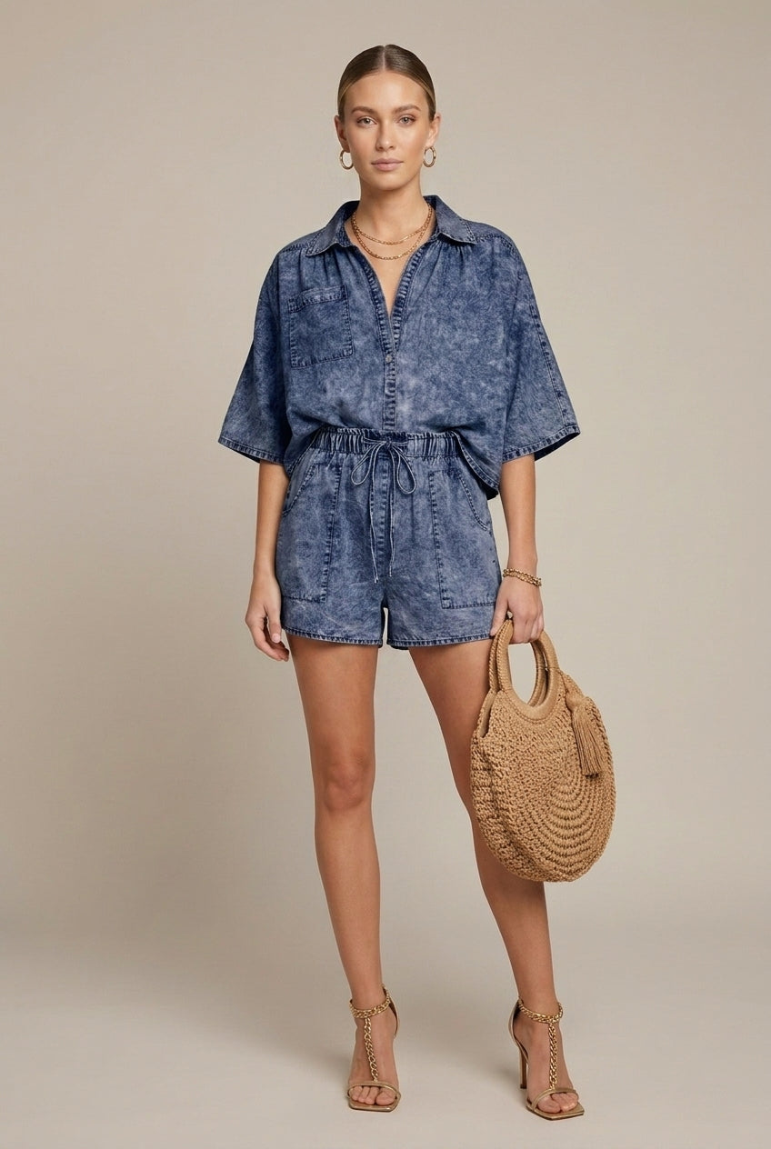 Women's Denim Two Piece Set - Button Down Shirt - Drawstring Shorts