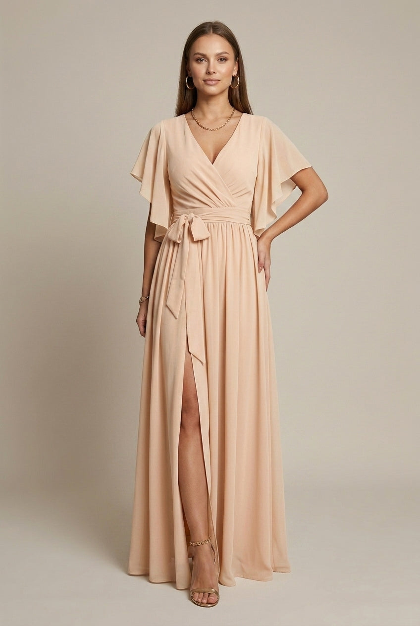Women's Wrap Maxi Dress V-Neck Flutter Sleeve