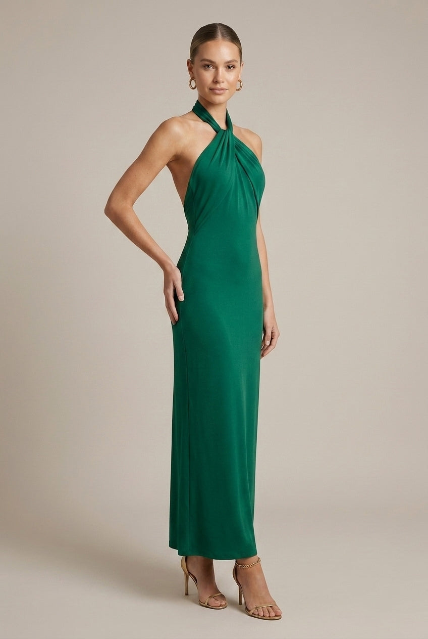 Women's Halter Neck Maxi Dress - Twisted Knot Neckline - Open Back - Formal