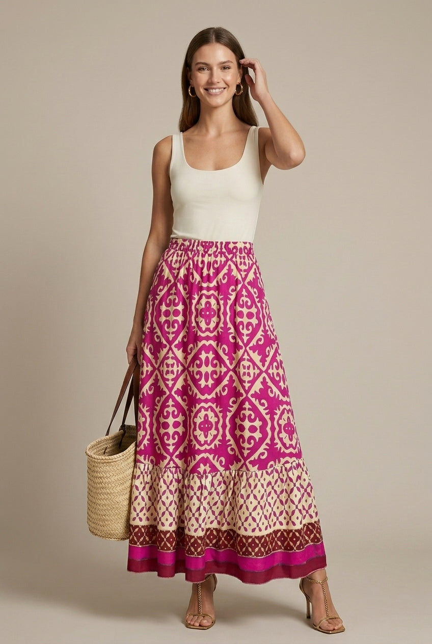 Women's Printed Tiered Maxi Skirt with Elasticated Waist