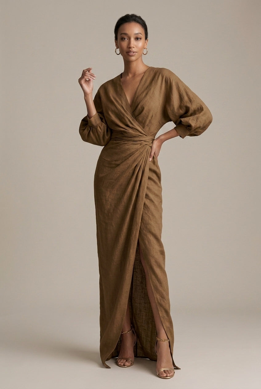 Women's Elegant Wrap Maxi Dress - Balloon Long Sleeves