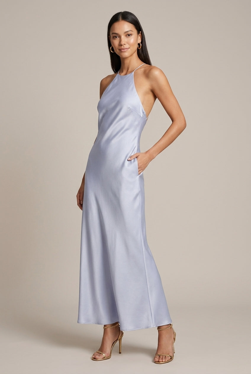 Women's Satin Halter Neck Backless Slip Maxi Dress