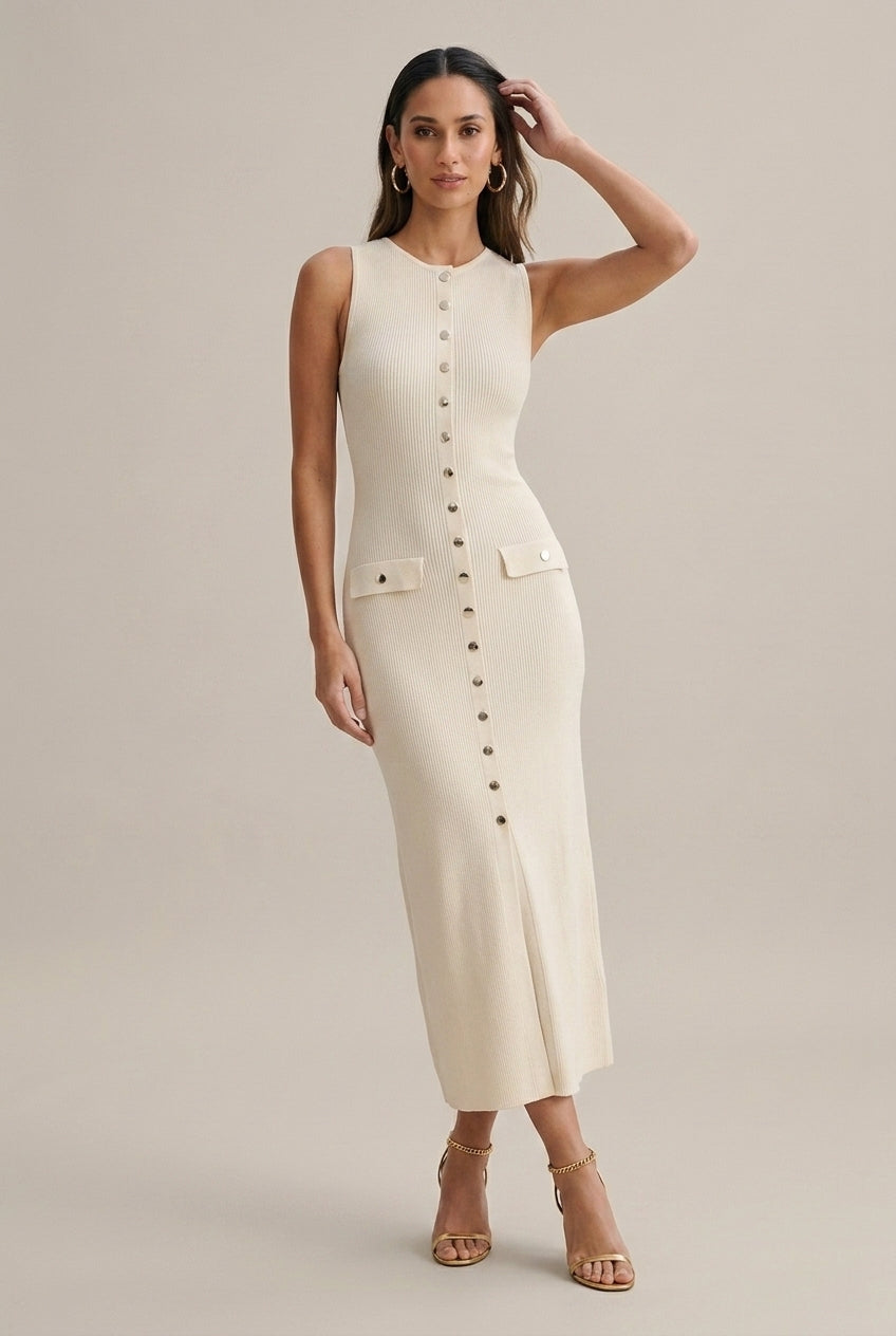 Women's Knit Maxi Dress Sleeveless Front Button Detail