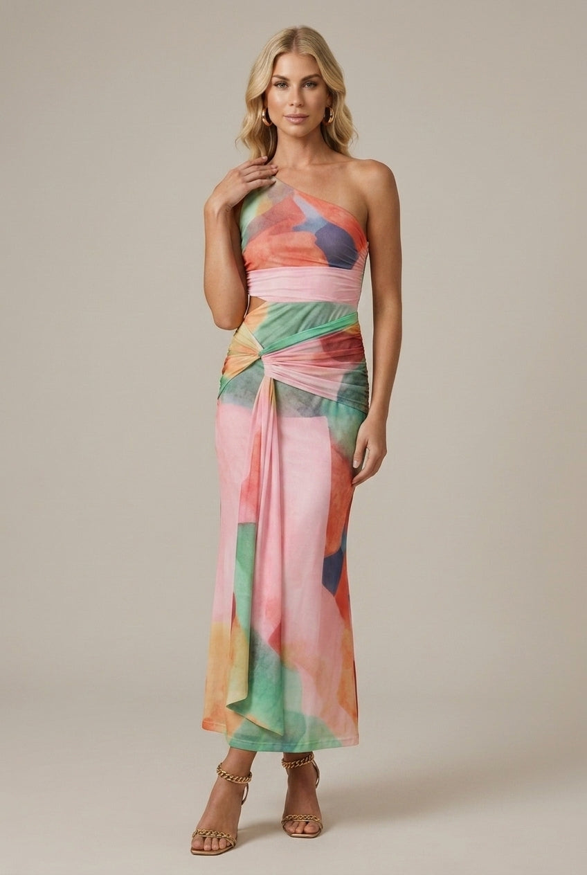 Women's One Shoulder Cutout Waist Side Tie Maxi Dress