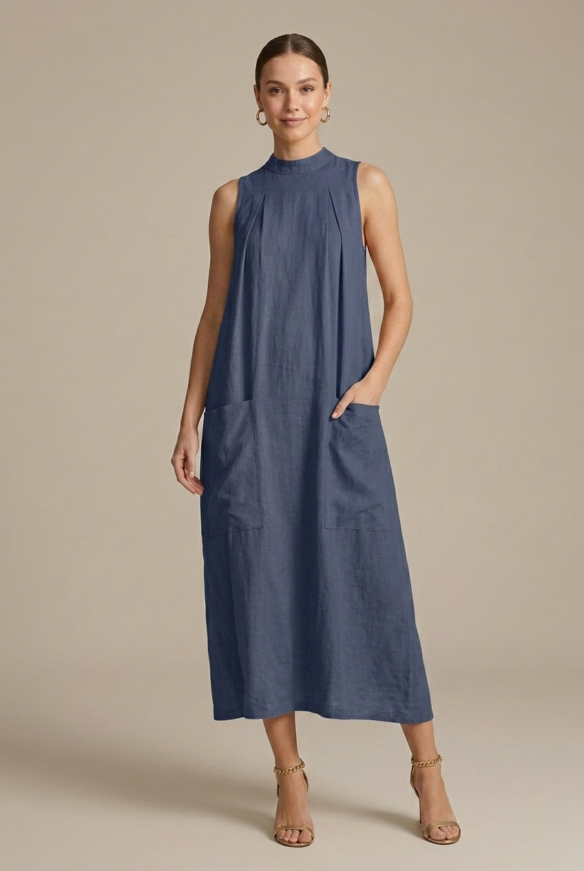 Women's Linen Maxi Dress Sleeveless Stand Collar