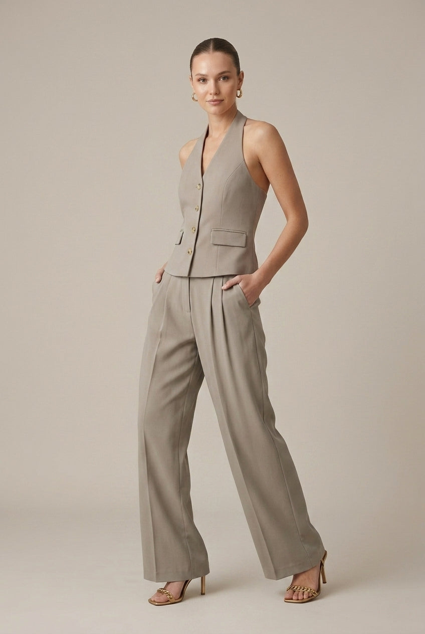 Women's Sleeveless V-Neck Vest Top - Wide Leg Pants Two Piece Set
