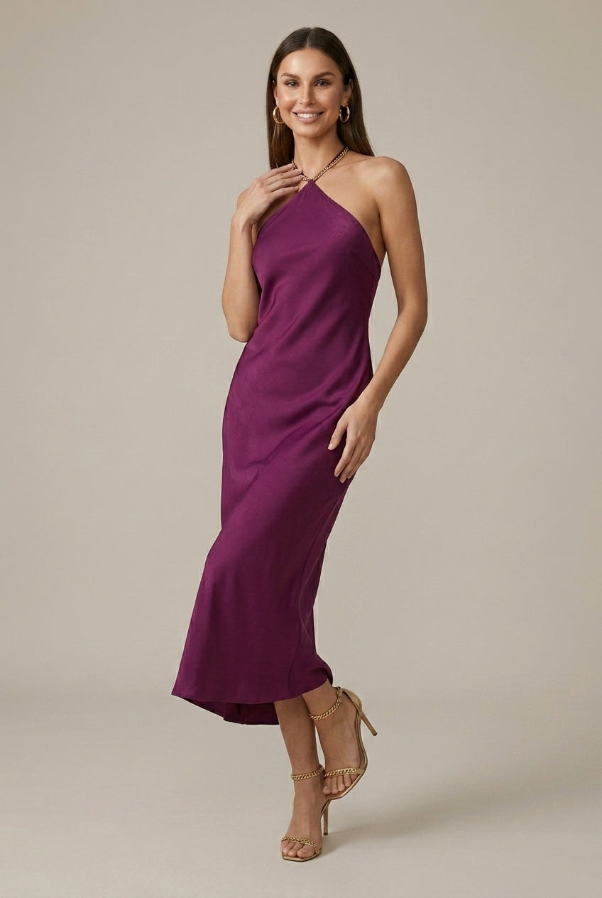 Women's Halter Neck Satin Maxi Dress with Open Back Detail