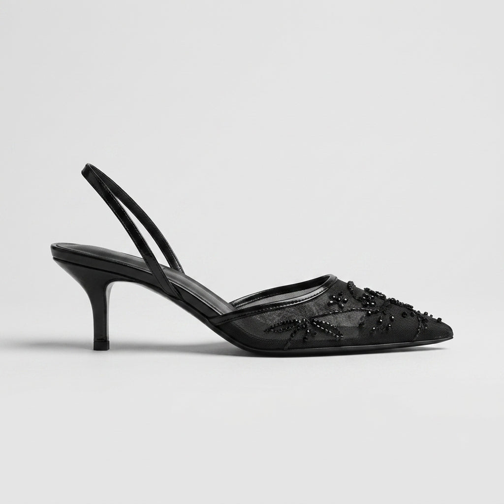 Women's Embroidered Floral Mesh Pointed Toe Slingback Heels