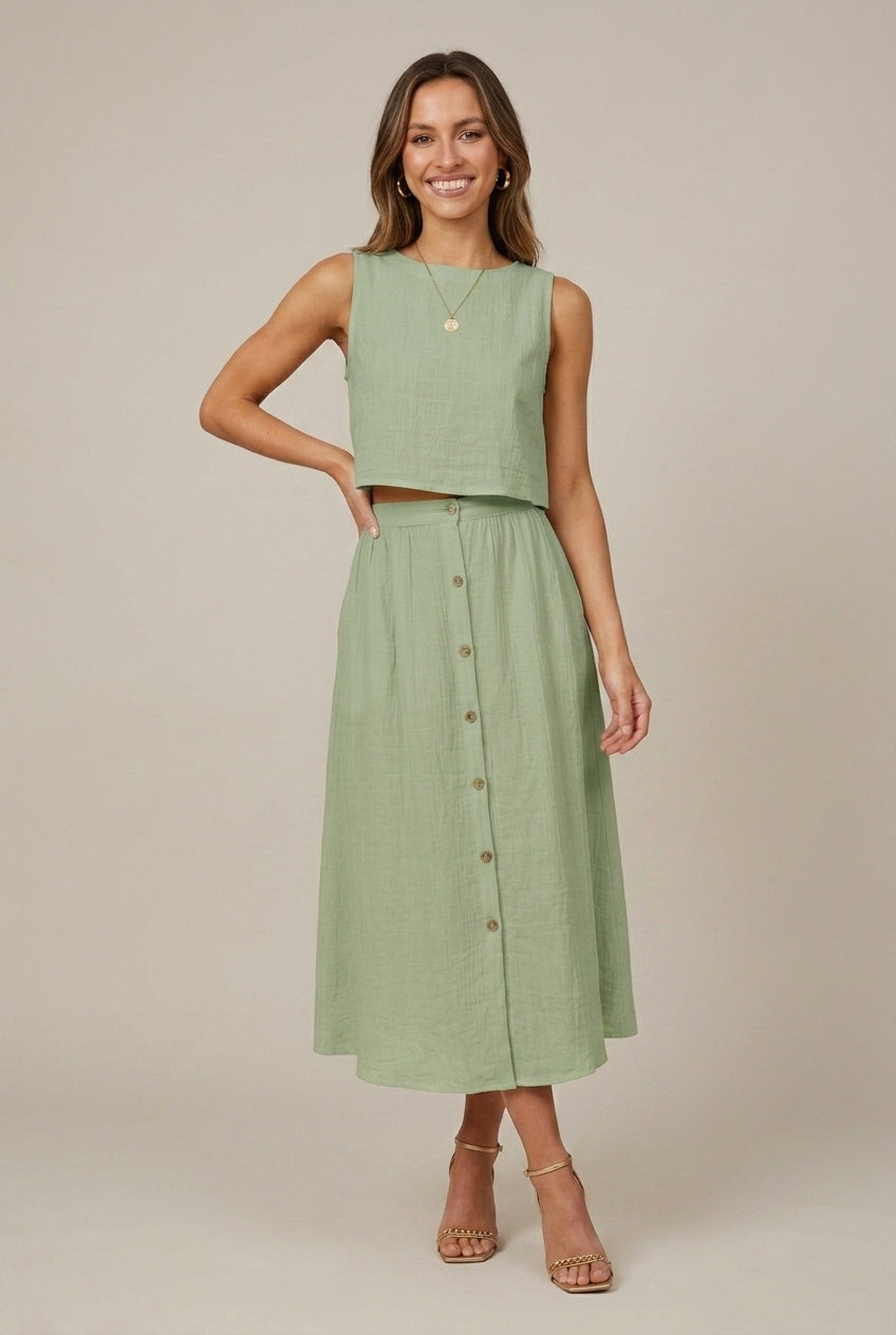 Women's Linen Two-Piece Skirt Set Sleeveless Crop Top