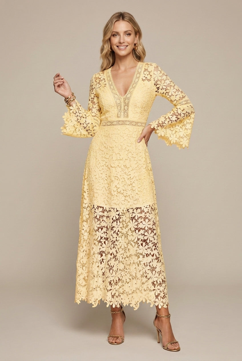 Women's Wedding Guest Lace Long Sleeve V-Neck Maxi Dress with Flared Hem, Yellow / XL Women's Wedding Guest Lace Long Sleeve V-Neck Maxi Dress with Flared Hem, Yellow / XL