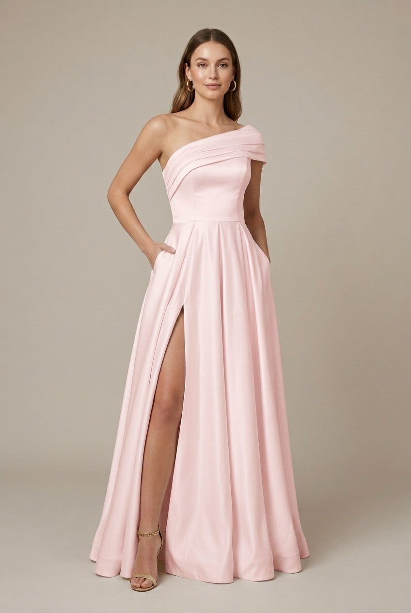 Women's Satin Maxi Dress - Assymetrical Ruched Neckline - Pleated A-Line Skirt - Thigh Slit