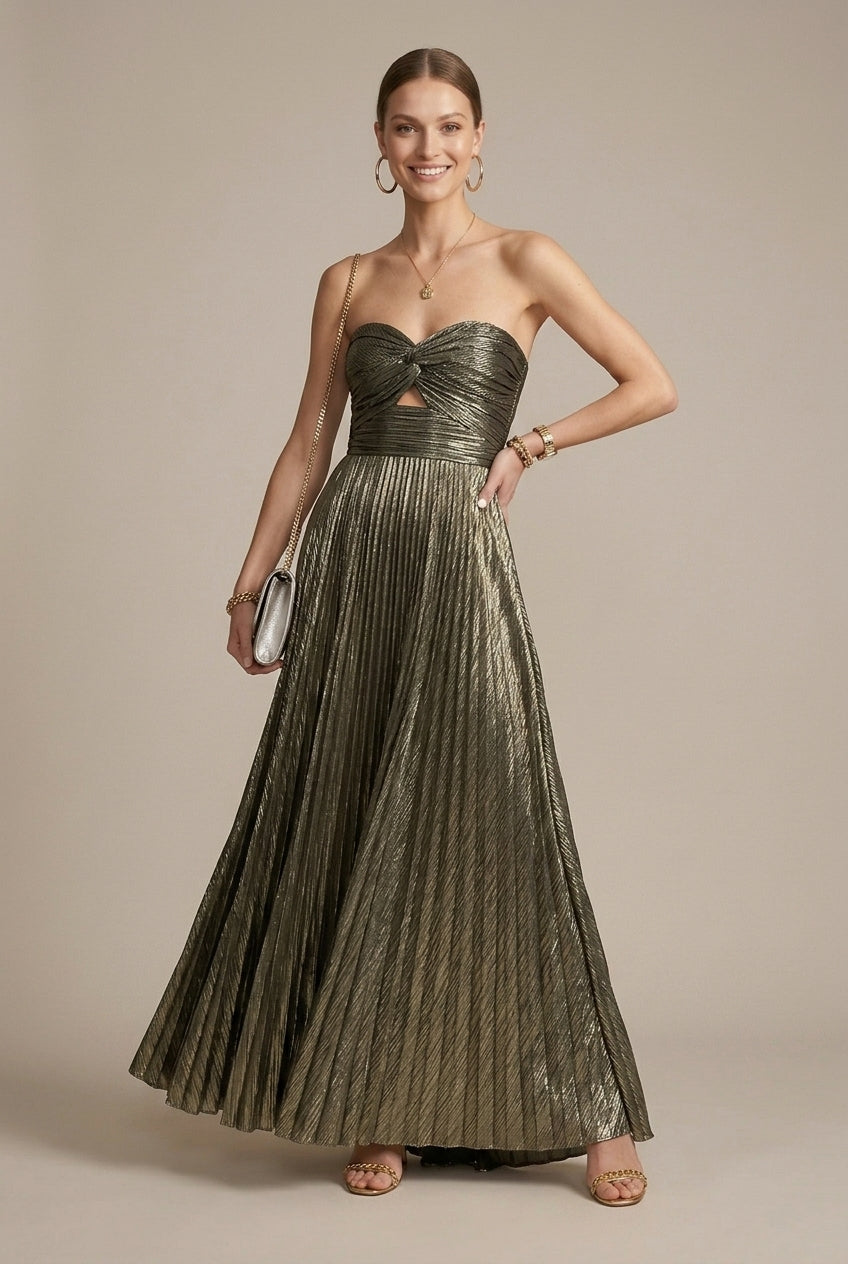 Women's Metallic Pleated Strapless Maxi Dress - Twist Detail