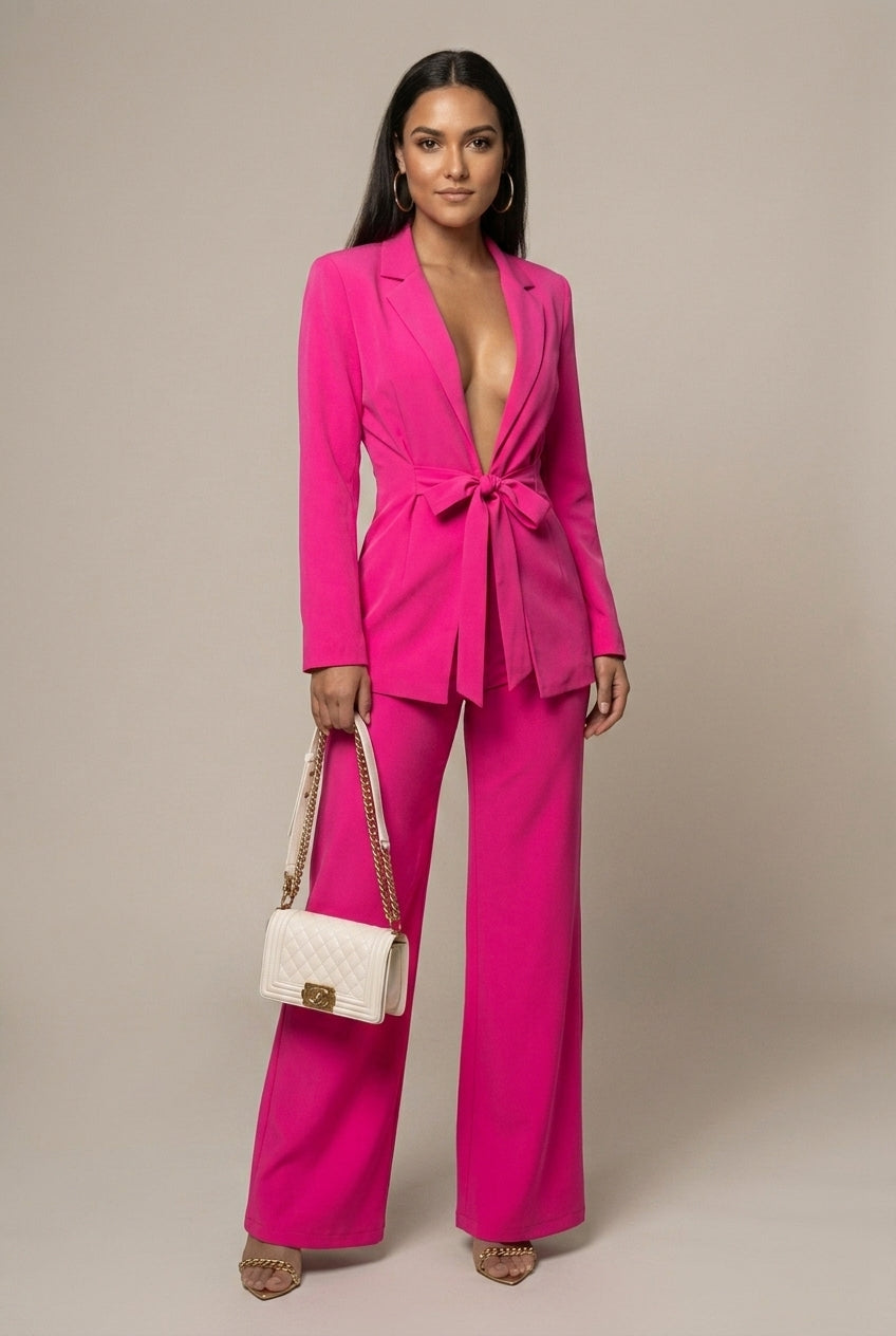 Women's Two-Piece Set Deep V Blazer Wide Leg Pants Tie Waist