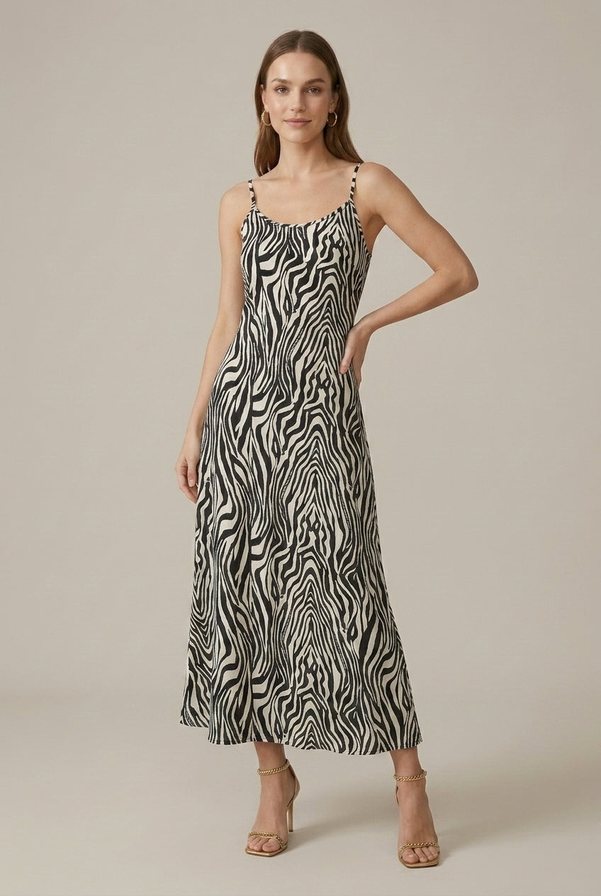 Women's Zebra Stripe Print Sleeveless Round Neck Maxi Dress