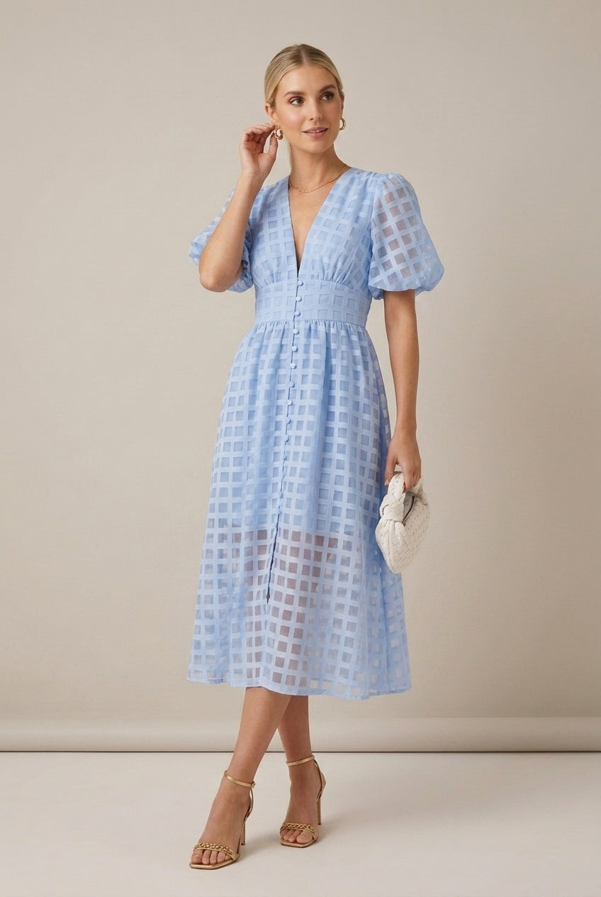 Women's Checkered Puff Sleeve V-Neck Midi Dress
