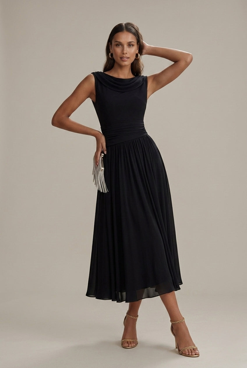 sleeveless draped midi dress Sleeveless Pleated Midi Dress