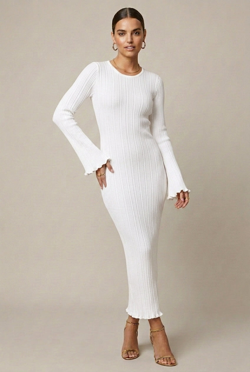 Women's Long Sleeve Ribbed Knit Maxi Dress with Open Back