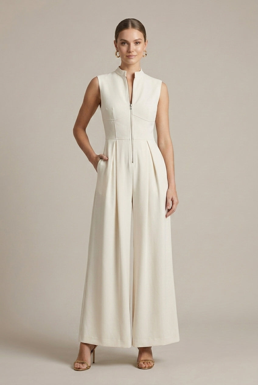 Women's Sleeveless Deep V-Neck Front Zip Wide Leg Jumpsuit