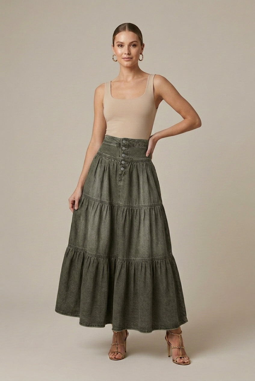 Women's Denim Maxi Skirt Tiered Button-Front