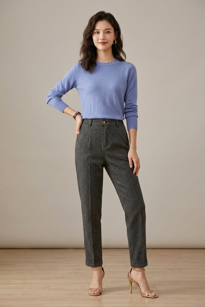 Women's High Waisted Herringbone Pleated Palazzo Pants