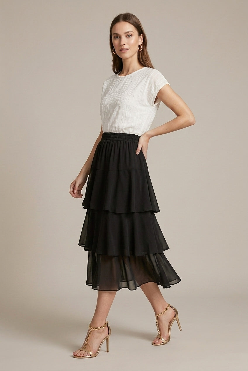Women's Floral Midi Skirt Chiffon Tiered A-Line
