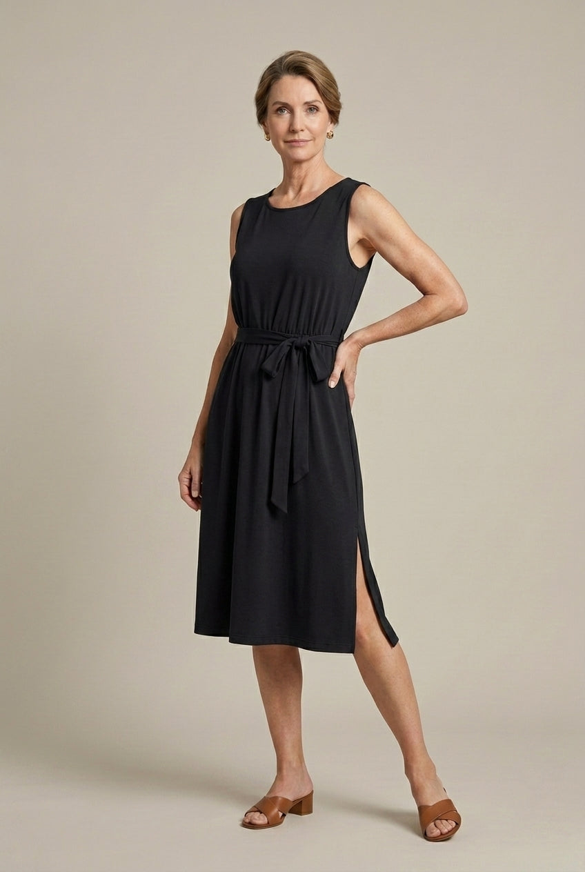 Women's Sleeveless Belted Midi Dress with Side Slit - Summer Dress